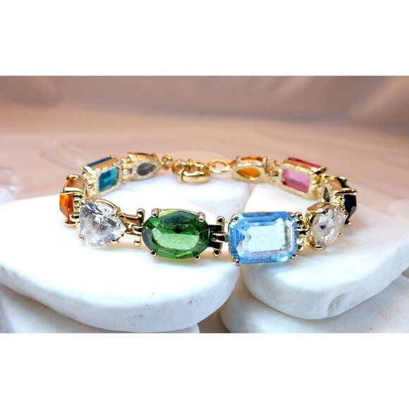 Chunky Gold Plated 925 SS Multi Color Gemstone Tennis Bracelet 7.25" - Picture 1 of 8